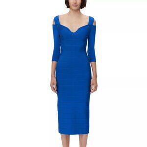 Herve Leger Notched Bateau Midi Dress in Bright Blue Size Small NWT